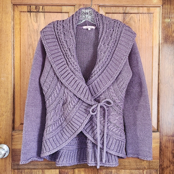 Purple Hekla & Co Cable Knit Cardigan Shawl Collar with Wrap Tie Closure - Picture 1 of 6